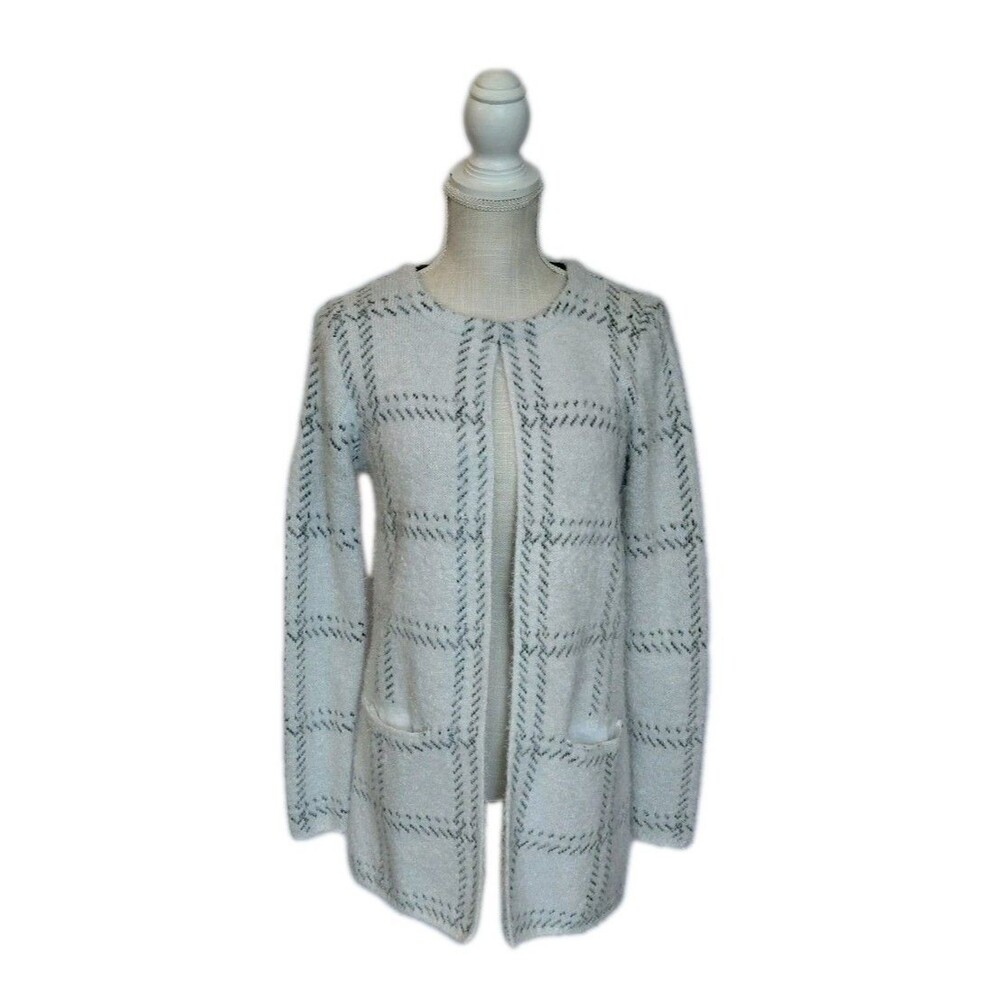 89th & Madison White & Gray Longline Eyelash Open Front Cardigan Size M